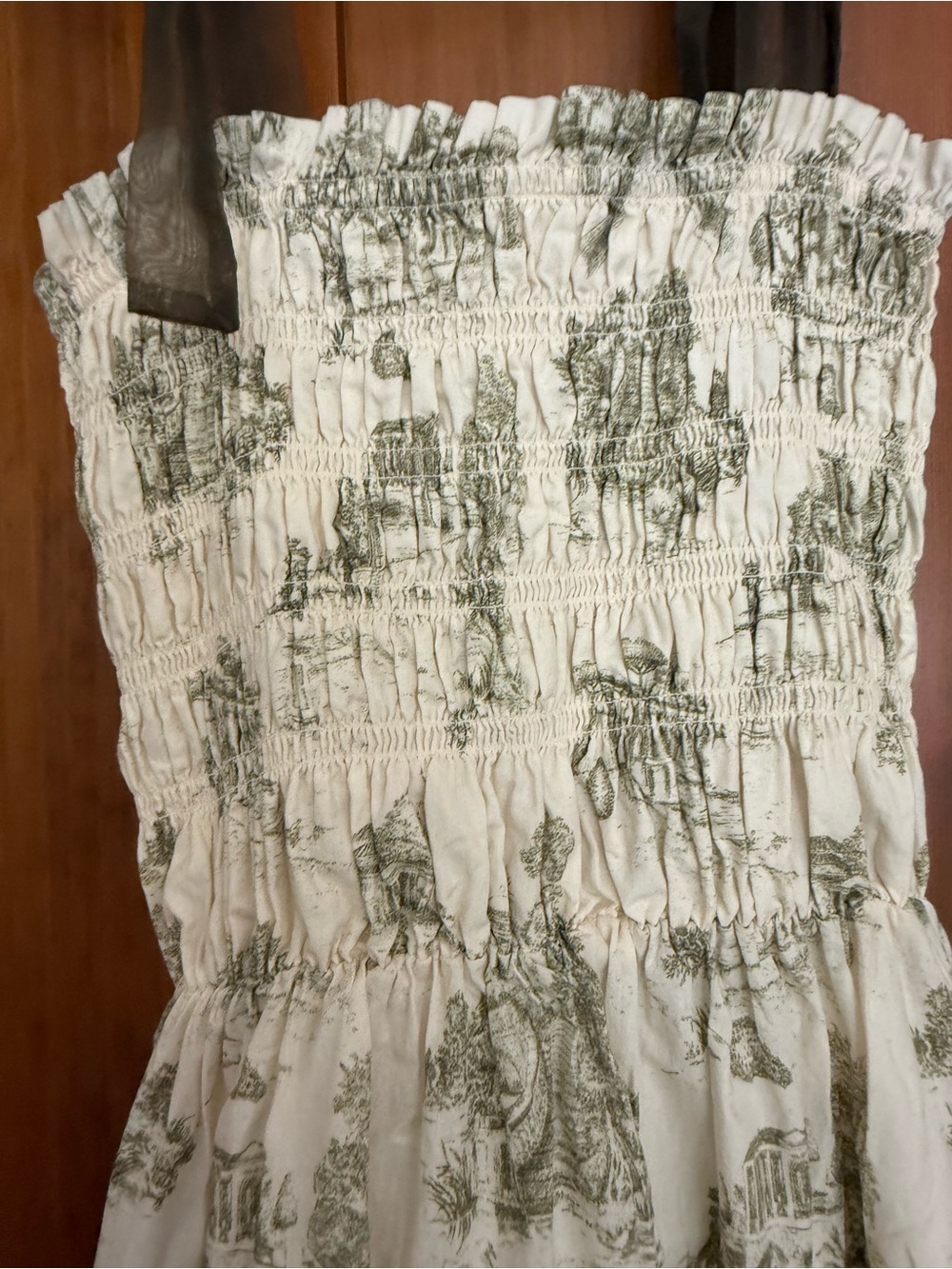 En Saison Nordstrom Cream Sundress with Olive Toile Print and Brown Tie Strap - Picture 2 of 7